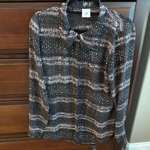 CAbi Black and Tan Long Sleeve Blouse with flowing collar and Buttoned Style